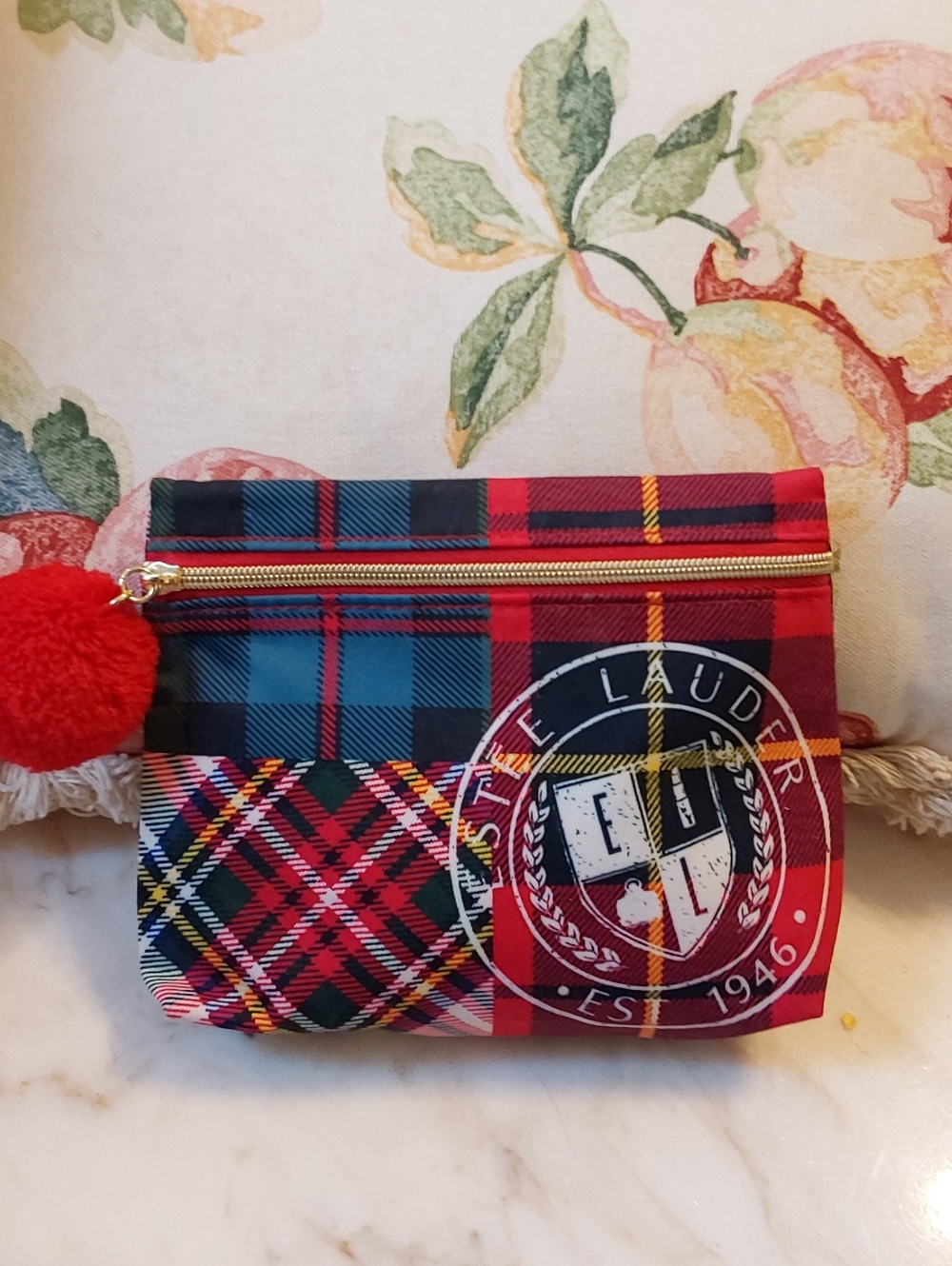 NW0T Estee Lauder Cosmetic Pouch, Plaid Cotton Bag With Red Pom-Pom